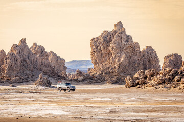 Limestone prehistoric chimneys and offroad vehicle, salt lake Abbe, Dikhil region, Djibouti © vadim.nefedov