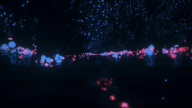 Magic Forest by Night with Glowing Flowers - Loop Fantasy Nature Landscape Background V2