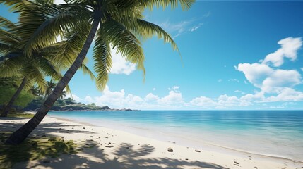 Tropical Beach with Palm Trees Under a Clear Blue Sky on a Sunny Day