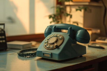A vintage green rotary phone sits on a wooden table