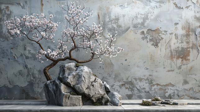 Japanese bansai tree with sakura flowers on the background of a concrete wall.