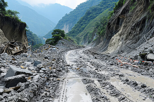 mountain empty road with falling rocks, landslides and rock slides 
