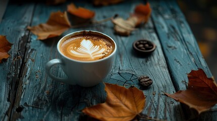 A cup of coffee lattee on the table. stilllife darkmood with autumn concept. Generative Ai