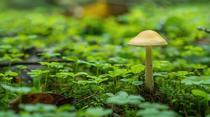 a small mushroom with a light cap has grown in a forest clearing covered with green . Generative Ai