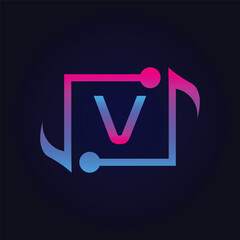 letter V Logo with Pulse music player element. Logo template electronic music, equalizer, dj, nightclub, disco. Audio wave logo concept, Multimedia
