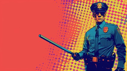 Vector illustration of police officer with baton stick in hand. Comic book.