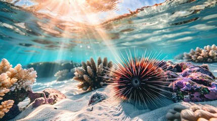 Sea Urchin Resting on Coral in the Underwater Surroundings of a Tropical Beach