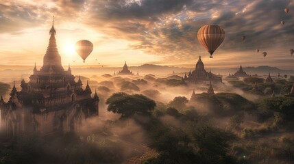 beautiful hot air balloons with cloud on temple