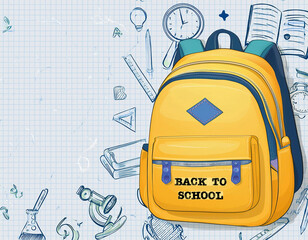 Back to school banner or poster featuring a yellow backpack with school supplies drawings on a lined school notebook background.	