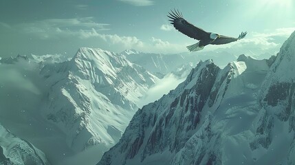Capturing the majestic essence of a bald eagle in flight, this dynamic shot showcases the bird soaring gracefully above a rugged mountain landscape. 