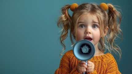 Little Girl’s Big Voice: A Cute Child in a Sweater Shouting into a Megaphone on a Blue Background, Perfect for Children’s Services or Products Marketing