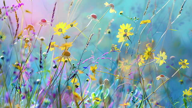 Vertr&auml;umte Wildblumenwiese mit gelben Bl&uuml;ten vor t&uuml;rkisblauem pastellfarbenem Hintergrund