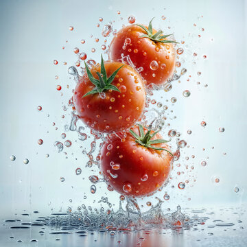 Extremely fresh tomatoes covered in drops of water levitating against a light gray background