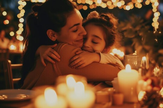 A motherly figure embracing a young child at mealtimes, suitable for family and lifestyle photoshoots
