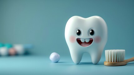 Adorable Tooth Character with Brush, Promoting Dental Hygiene, Isolated on Light Blue Background