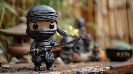 Adorable Baby Ninja Character in Black Outfit, Mask, and Tiny Sword, Exuding Cuteness and Playfulness