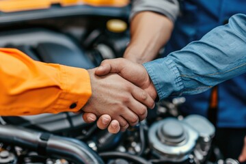 Obraz premium Two men greeting each other in front of a motorcycle, suitable for business or friendship themes