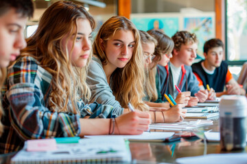 education, learning and people concept - group of high school students with books writing school test