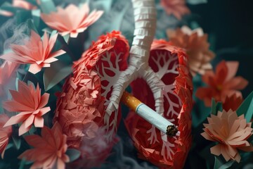 A unique design featuring a cigarette resembling human lungs surrounded by flowers, great for illustrating health or awareness campaigns
