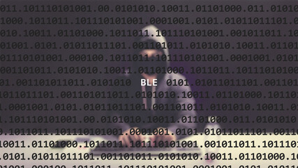Cyber attack ble text in foreground screen, anonymous hacker hidden with hoodie in the blurred background. Vulnerability text in binary system code on editor program.