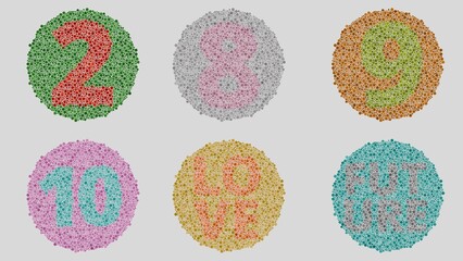Color blindness science test wallpaper. Patterns of different words and numbers hidden with color circle textures to test color vision. red green, gray orange and blue.  © VFX Photographer