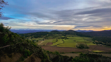 Green fields landscape from a high point of view beautiful scene in Olot, Girona, Catalonia