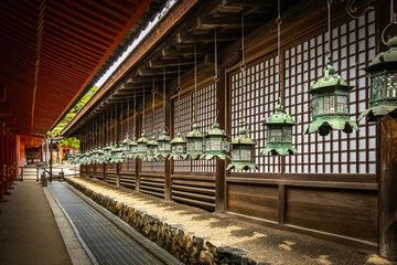 kasuga taisha shrine, nara, temple, bronze lanterns, park, japan, asia, red, vermilion, metal,...