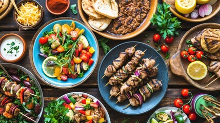 Fototapeta premium A colorful spread of various dishes and snacks on a wooden table, ideal for parties or events