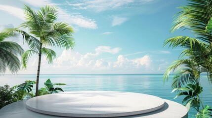 A tranquil ocean view framed by lush palm trees, showcasing a round platform under a clear blue sky with fluffy clouds.