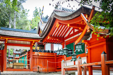 kasuga taisha shrine, nara, temple, bronze lanterns, park, japan, asia, red, vermilion, metal, lamps