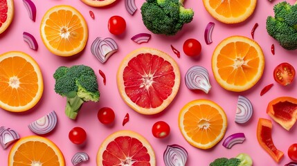 This eye-catching flat lay features a colorful food pattern composed of broccoli, orange slices, red peppers, onions, tomatoes