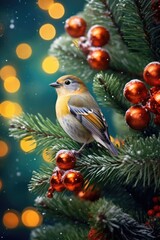 A small bird is perched on the branch of a decorated Christmas tree