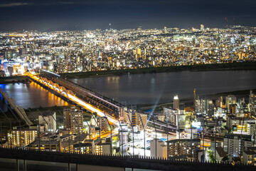 Fototapeta premium city skyline at night, osaka, japan, aerial view, lights, kobe, skyscraper, nighttime, 