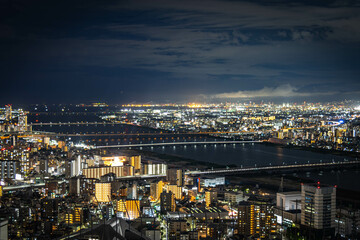 city skyline at night, osaka, japan, aerial view, lights, kobe, skyscraper, nighttime, 