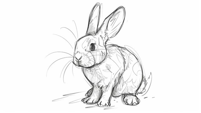 recommend clip art: Line drawing of rabbit over white background.