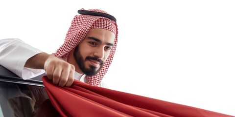 Fototapeta premium A person wearing a white shirt and red scarf, possibly in a casual or artistic setting