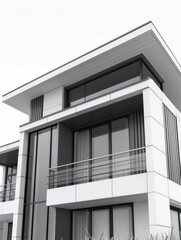 A black and white photograph of a modern house, suitable for use in architectural or design-related contexts