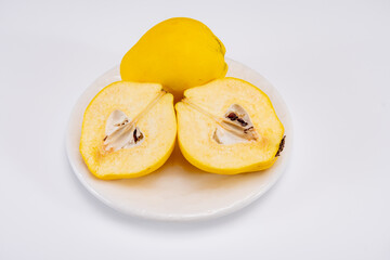 Group of ripe yellow quince apples close up