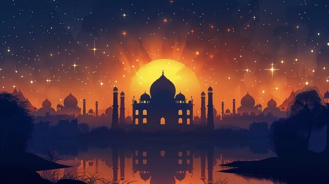 Large Orange Moon Over The Taj Mahal In Agra India