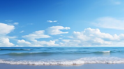 A Scenic View of Calm Ocean Waves Meeting a Clear Blue Sky with White Clouds