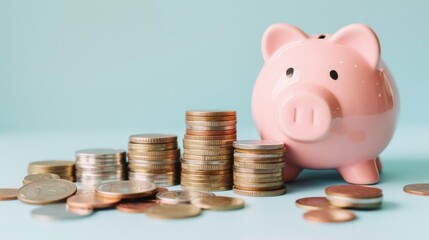 Pink piggy bank with coin on table