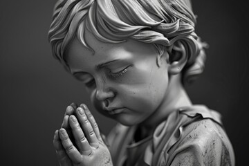 A statue of a young boy with hands clasped together in prayer