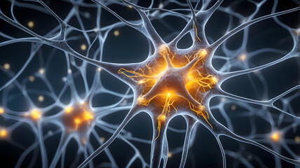 neurons in brain shown transmitting messages continuously connected together, Neuronal Network, Synaptic Connections and Neural Communication