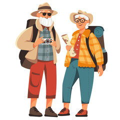 An elderly couple spends time outdoors. Vector illustration of a cartoon happy elderly man and woman hiking with backpacks and tent. Isolated on white background