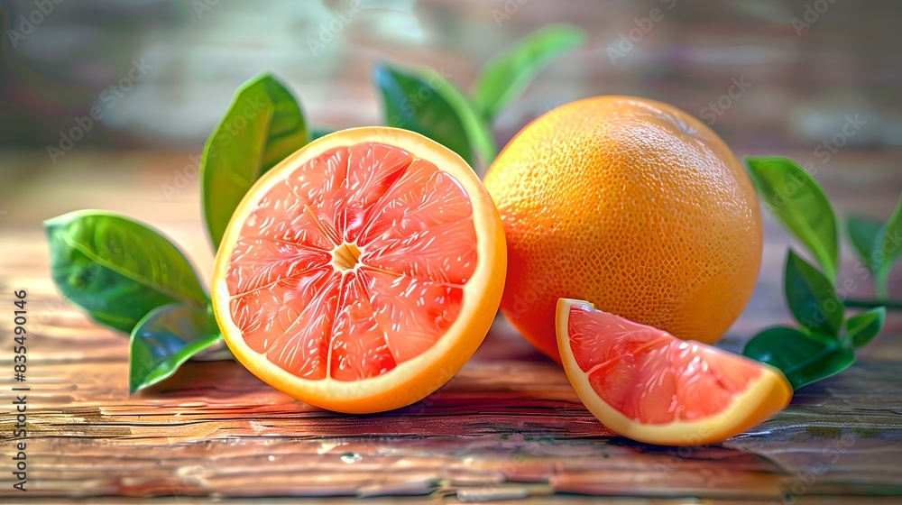 Wall mural Fresh and juicy grapefruit on a rustic wooden table. Bright colors and close-up style. Perfect for food blogs and health articles. AI