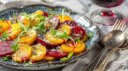 Close up of sauteed red and golden beets salad with parmesan cheese sause topped . Generative Ai