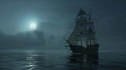 Fototapeta premium Sailing ship in sea water with moon.