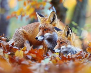 Fototapeta premium A pair of red foxes playing in the underbrush, their coats blending with the autumn leaves
