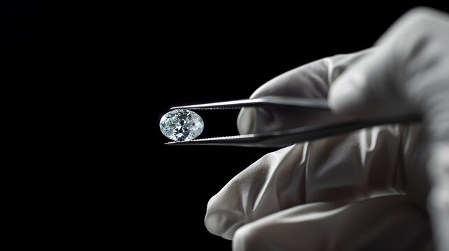 Close-up of a hand in gloves holding a sparkling diamond with tweezers. Jewelry inspection and quality control. Elegant and classy concept . AI