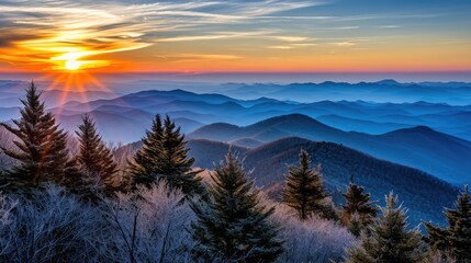 A scenic view of mountains during sunset